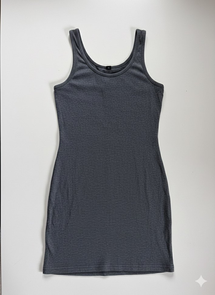 Gri Kadın Mini Elbise V Yaka Kolsuz - Görsel 2