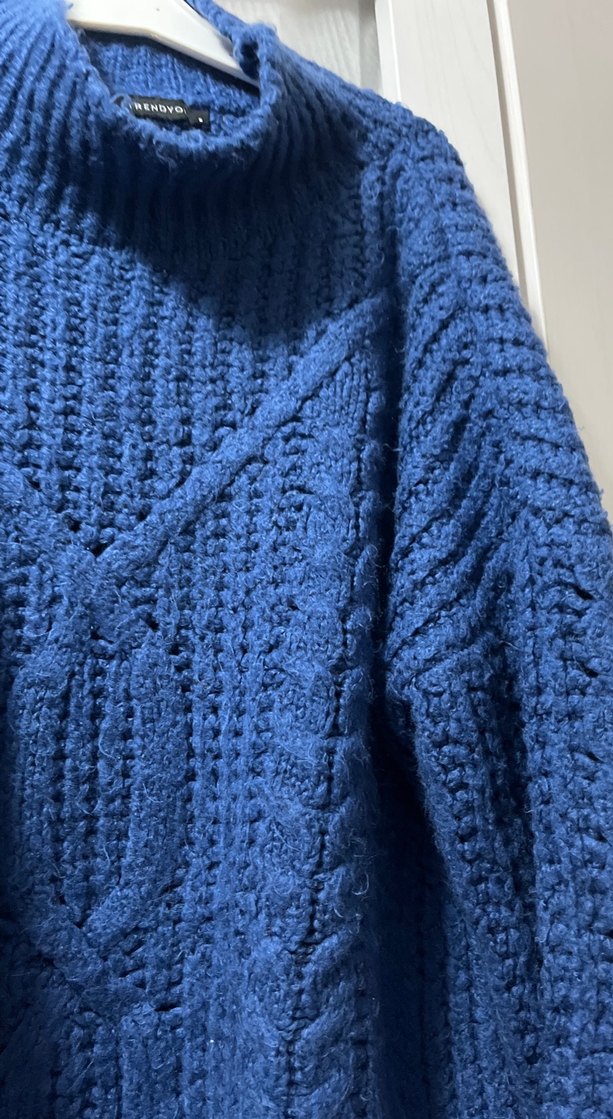 Kadın Mavi Boğazlı Örgü Kazak - Görsel 4