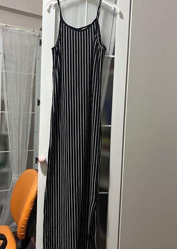 Çizgili, İp Askılı Midi Elbise - Görsel 2