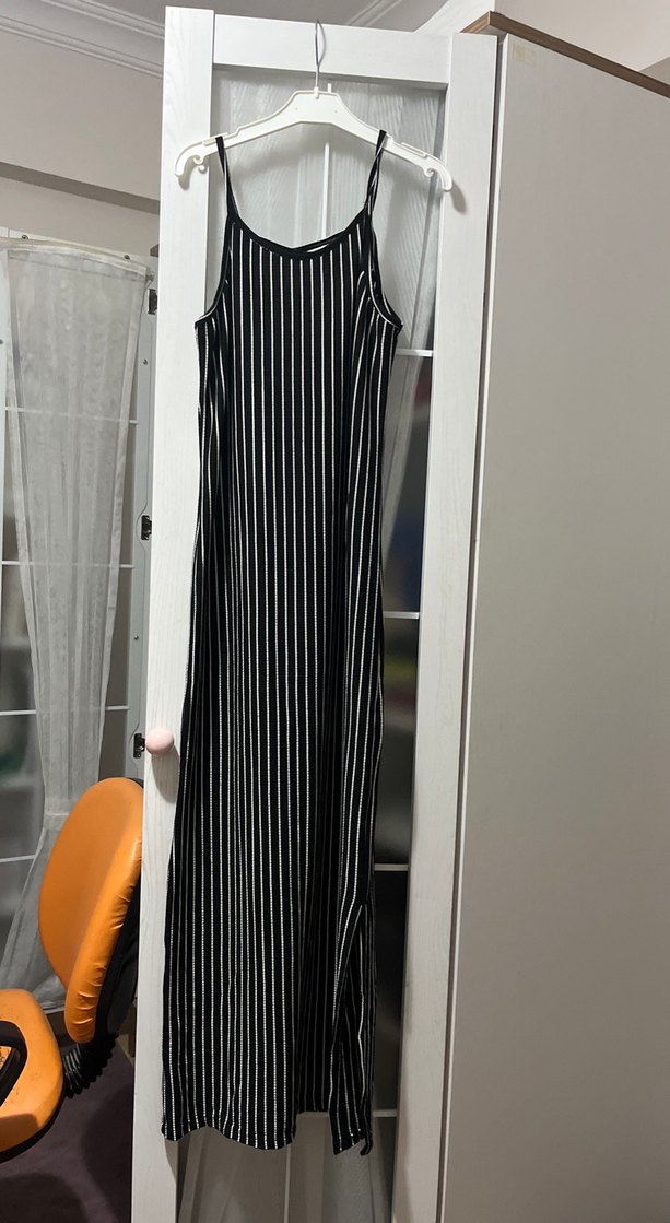 Çizgili, İp Askılı Midi Elbise - Görsel 2