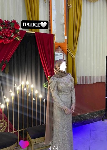 Bej Drapeli Uzun Kollu Abiye Elbise - Görsel 4