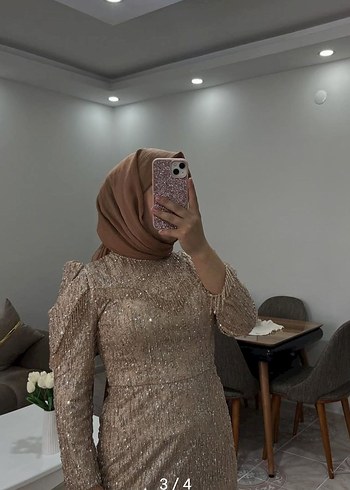 Bej Drapeli Uzun Kollu Abiye Elbise - Görsel 3