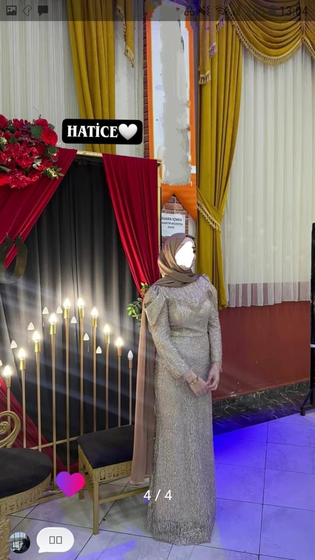 Bej Drapeli Uzun Kollu Abiye Elbise - Görsel 4