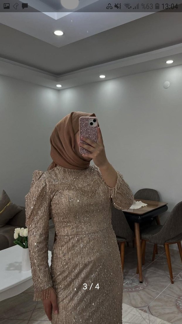 Bej Drapeli Uzun Kollu Abiye Elbise - Görsel 3