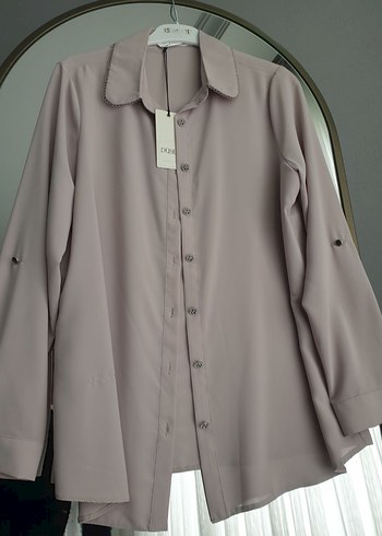 Düğmeli Gri Saten Kadın Gömlek - Görsel 3