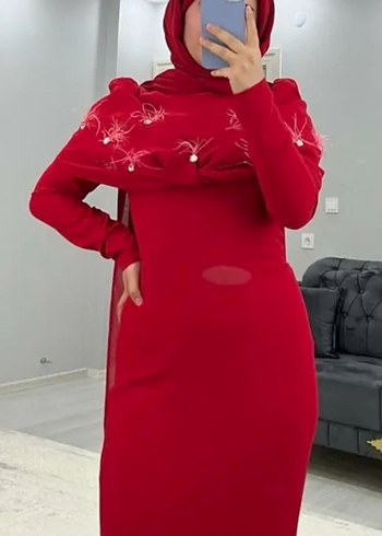 Bordo İşlemeli Uzun Kollu Tesettür Abiye - Görsel 2