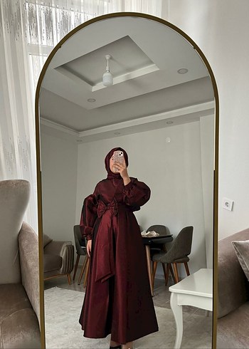 Bordo Uzun Kollu Salaş Saten Elbise - Görsel 2