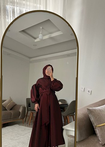 Bordo Uzun Kollu Salaş Saten Elbise - Görsel 3