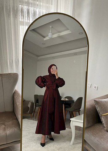 Bordo Uzun Kollu Salaş Saten Elbise - Görsel 6