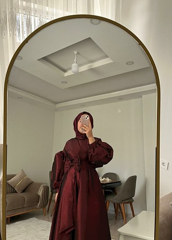 Bordo Uzun Kollu Salaş Saten Elbise - Görsel 5