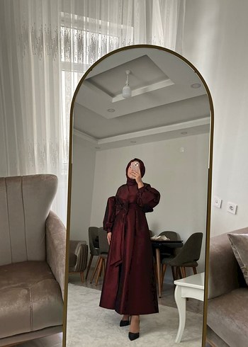 Bordo Uzun Kollu Salaş Saten Elbise - Görsel 7