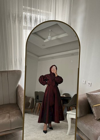 Bordo Uzun Kollu Salaş Saten Elbise - Görsel 8