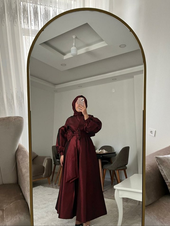 Bordo Uzun Kollu Salaş Saten Elbise - Görsel 2