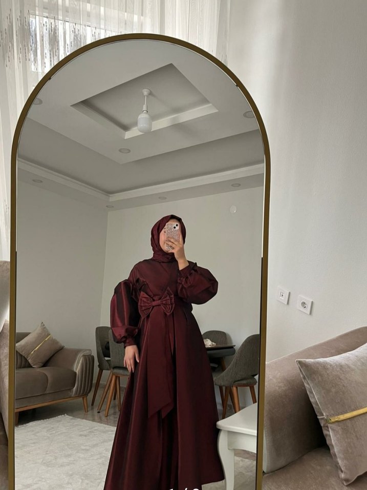 Bordo Uzun Kollu Salaş Saten Elbise - Görsel 3