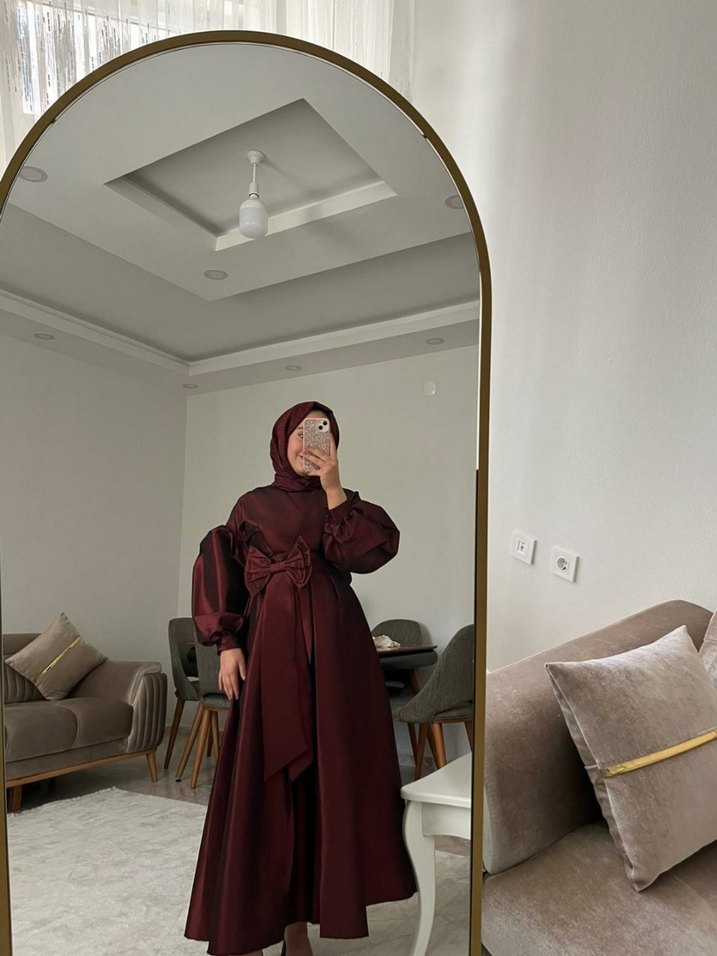 Bordo Uzun Kollu Salaş Saten Elbise - Görsel 4