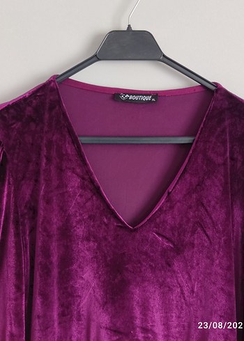 Mor Uzun Kadın Elbise V Yaka Drapeli - Görsel 3