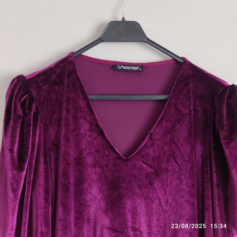 Mor Uzun Kadın Elbise V Yaka Drapeli - Görsel 3