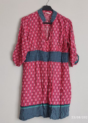 Bohem Tarz Düğmeli Pembe V Yaka Bluz - Görsel 2