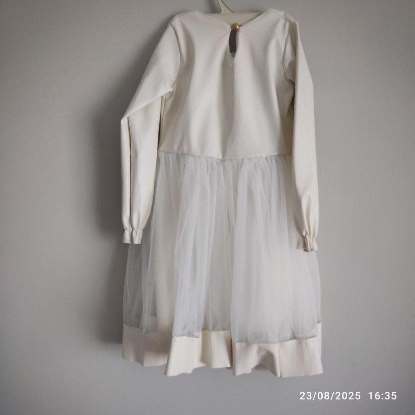 Uzun Kollu Beyaz Kız Çocuk Elbise - Görsel 2