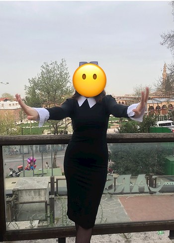 Siyah Gömlek Yaka Uzun Kollu Midi Elbise