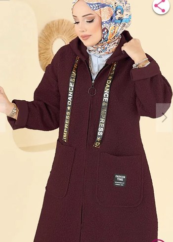 Bordo Kapüşonlu Uzun Kollu Kadın Kaban - Görsel 3