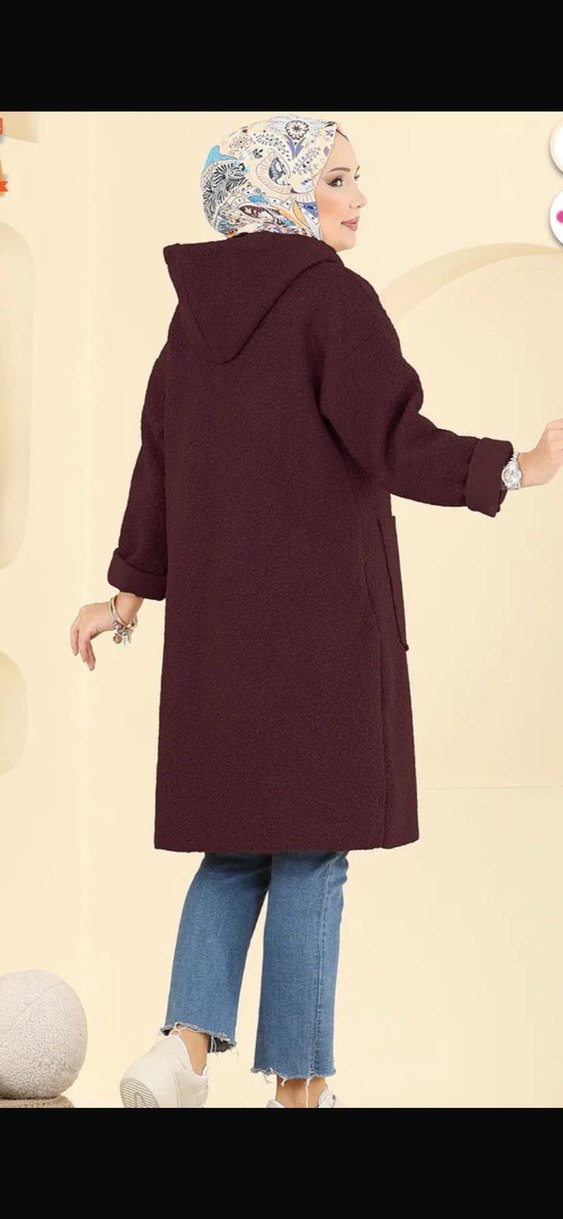 Bordo Kapüşonlu Uzun Kollu Kadın Kaban - Görsel 5