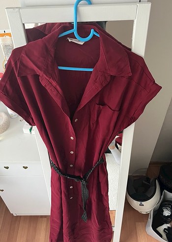 Bordo Kemerli Gömlek elbise - Görsel 2