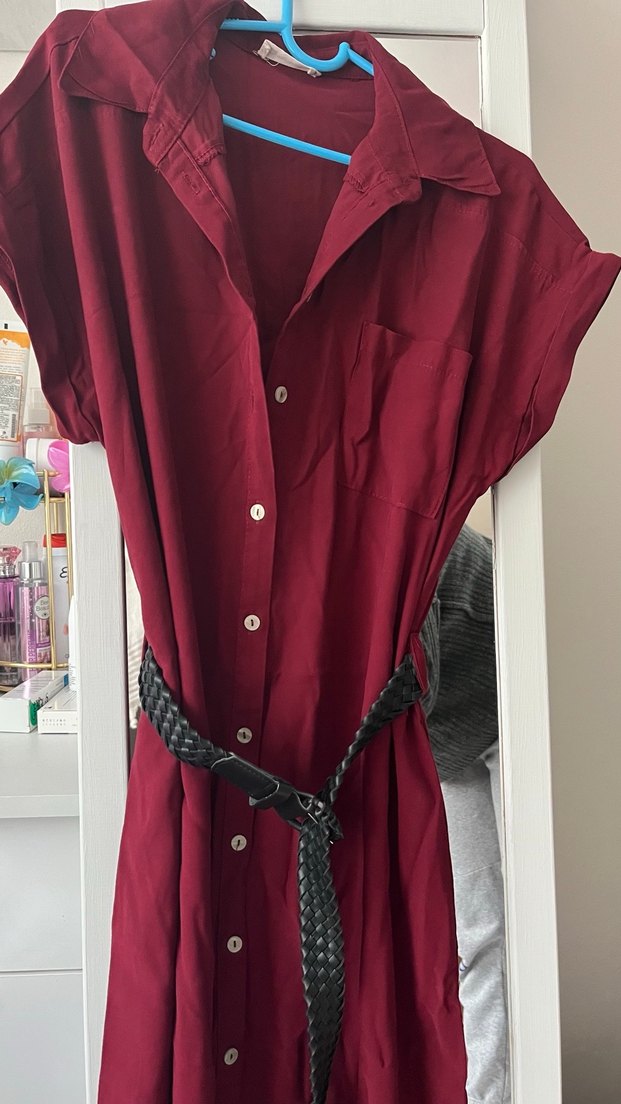 Bordo Kemerli Gömlek elbise - Görsel 4