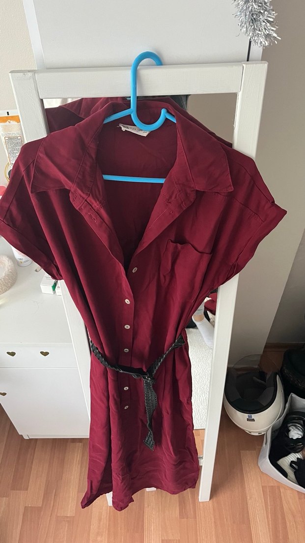 Bordo Kemerli Gömlek elbise - Görsel 2