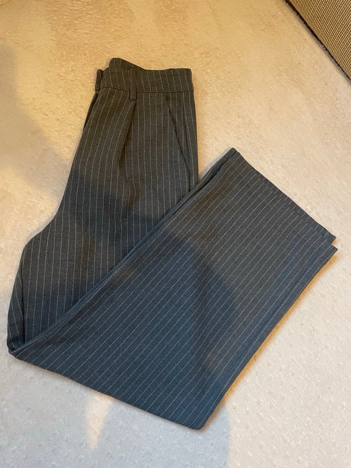 Gri Çizgili Kadın Keten Pantolon - Görsel 3