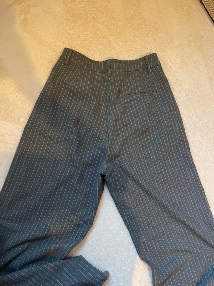 Gri Çizgili Kadın Keten Pantolon - Görsel 2