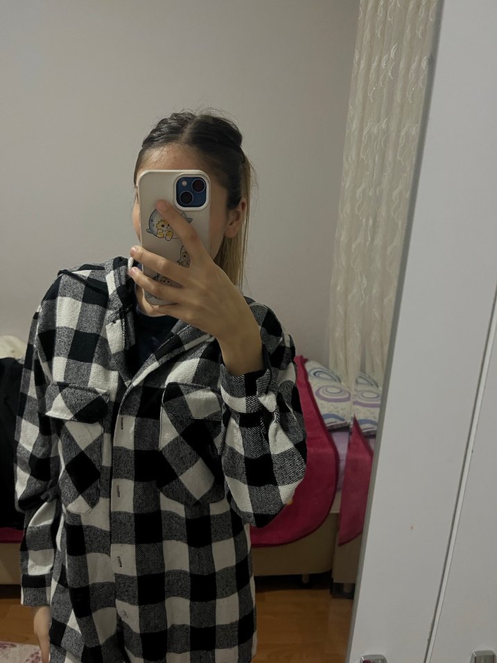 Gri Kareli Düğmeli Kadın Gömlek - Görsel 2