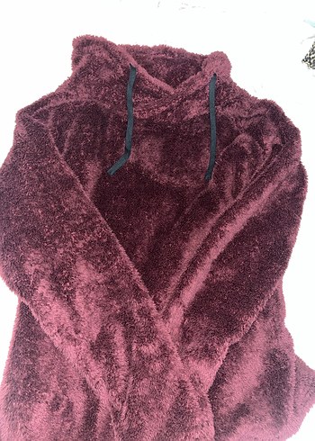 Bordo Kapüşonlu Uzun Kollu Peluş Sweatshirt - Görsel 2