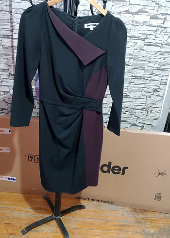 Bordo Drapeli Uzun Kollu V Yaka Elbise - Görsel 3