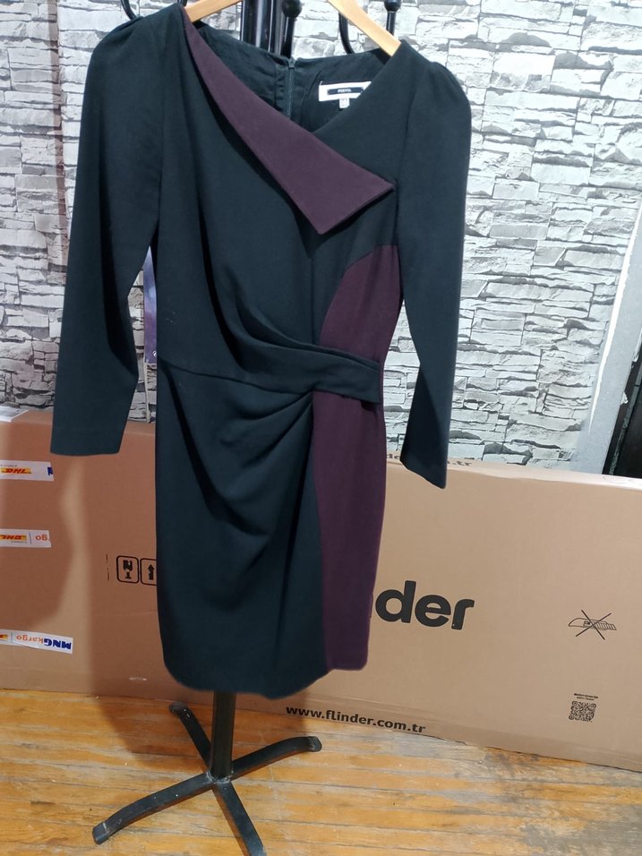 Bordo Drapeli Uzun Kollu V Yaka Elbise - Görsel 3