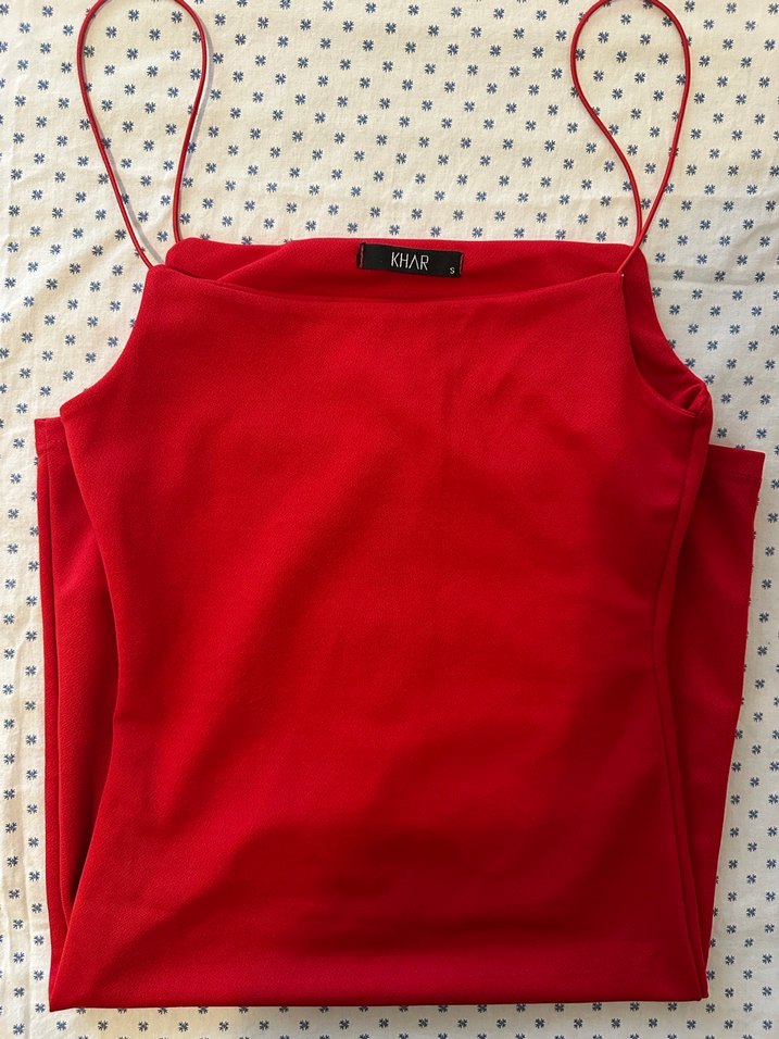 Kırmızı İnce Askılı Mini Elbise - Görsel 3