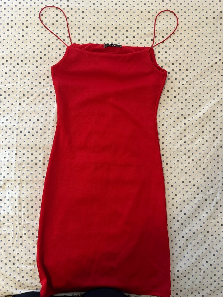 Kırmızı İnce Askılı Mini Elbise - Görsel 2