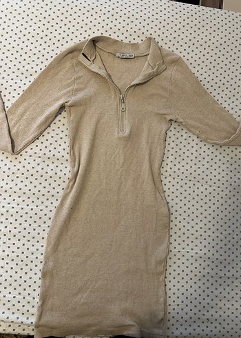 Bej Yarım Fermuarlı Triko Elbise - Görsel 2