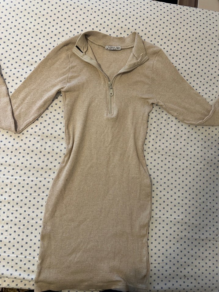 Bej Yarım Fermuarlı Triko Elbise - Görsel 2