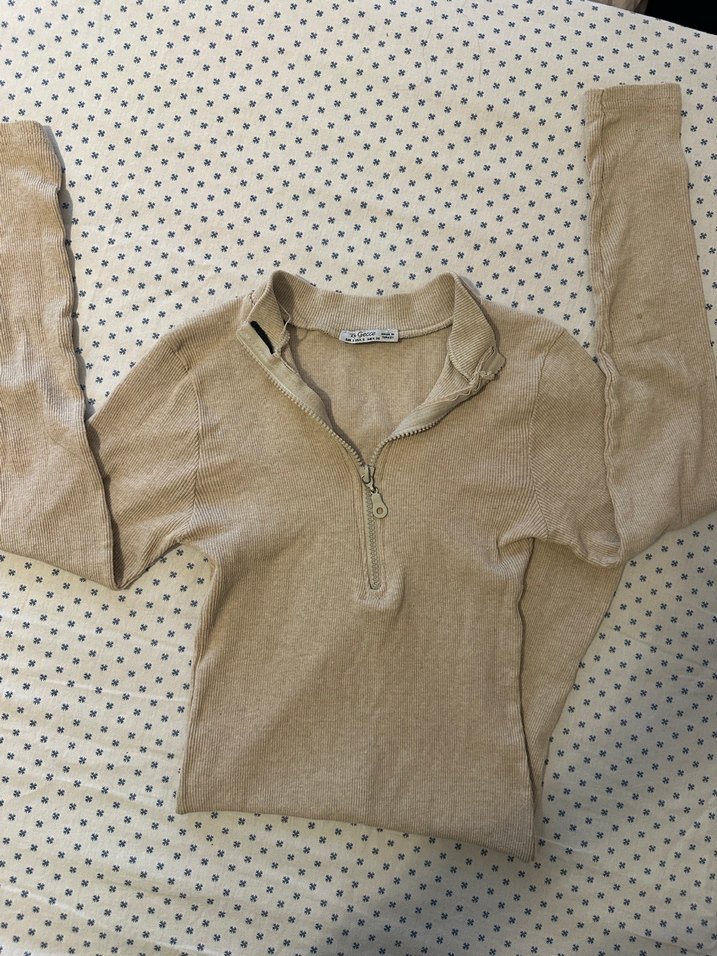 Bej Yarım Fermuarlı Triko Elbise - Görsel 3