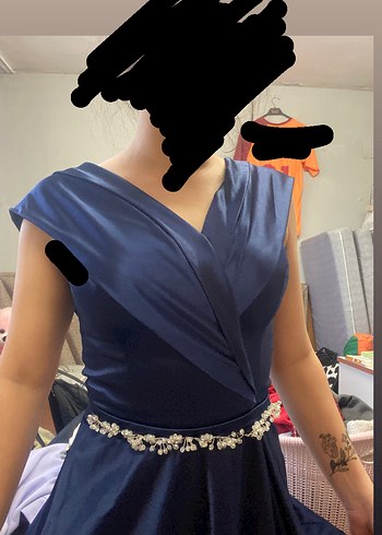 Drapeli Lacivert Uzun Abiye Elbise - Görsel 7