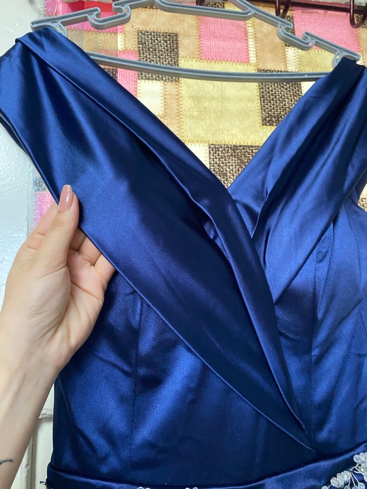 Drapeli Lacivert Uzun Abiye Elbise - Görsel 3