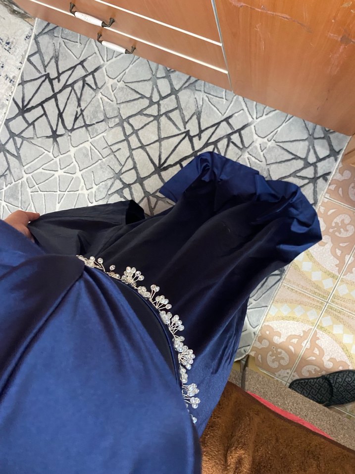 Drapeli Lacivert Uzun Abiye Elbise - Görsel 4