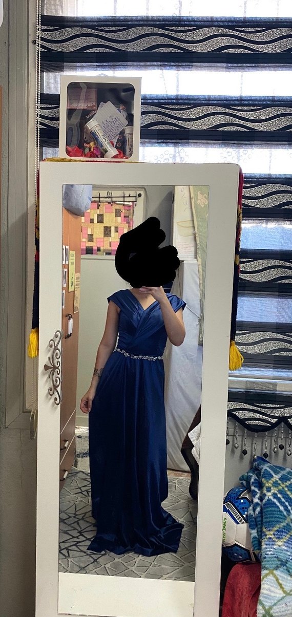 Drapeli Lacivert Uzun Abiye Elbise - Görsel 5