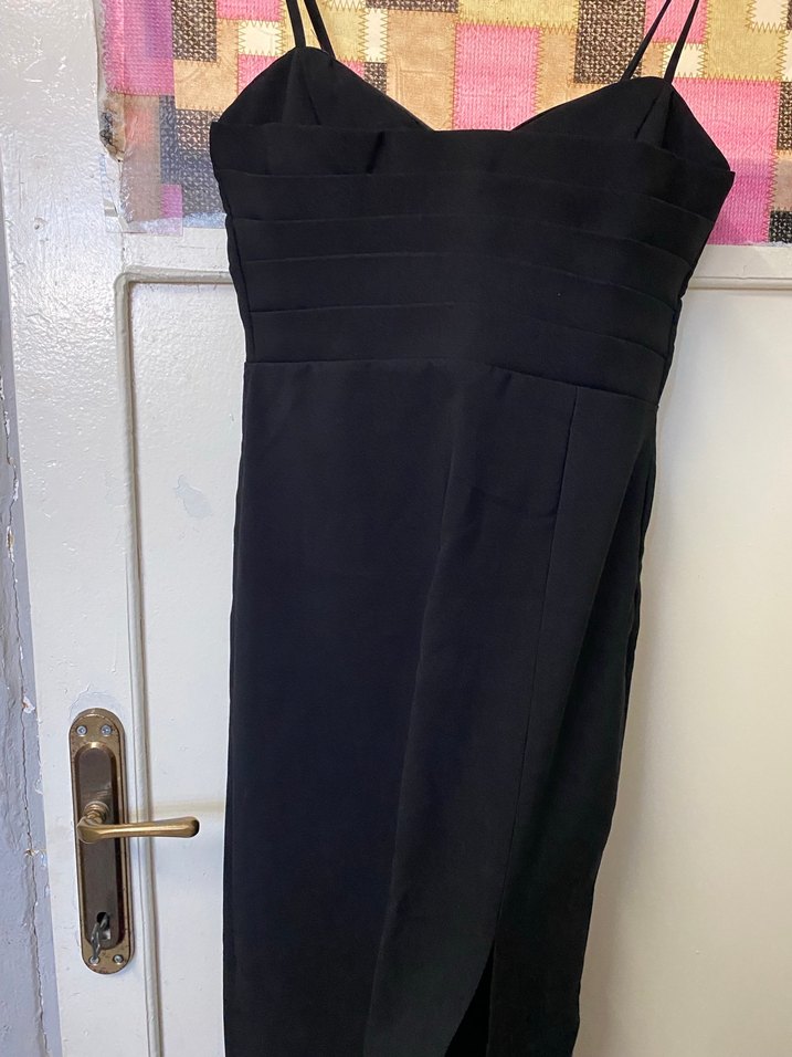 Siyah Uzun İnce Askılı Abiye Elbise - Görsel 2