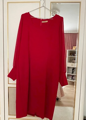 Kırmızı Drapeli Uzun Kadın Elbise - Görsel 4