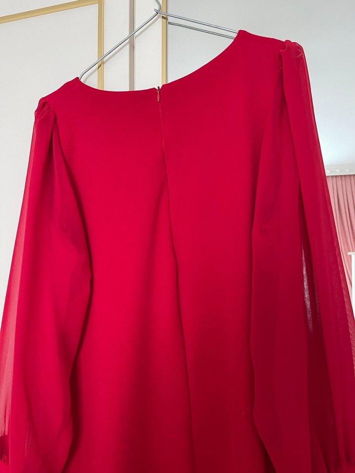 Kırmızı Drapeli Uzun Kadın Elbise - Görsel 3