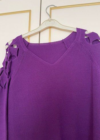 Mor V Yaka Örgü Kadın Kazak - Görsel 4