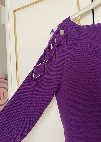 Mor V Yaka Örgü Kadın Kazak - Görsel 3