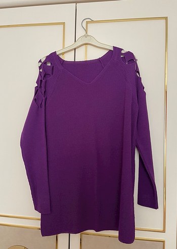 Mor V Yaka Örgü Kadın Kazak - Görsel 6